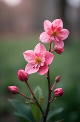 Obraz premium Branch with pink cherry blossoms against green background.