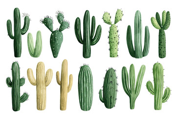 A variety of green and lush cactus plants isolated on a transparent background. in an artistic arrangement. Perfect for desert-themed decor.