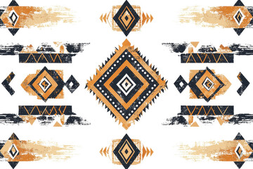 Fototapeta premium Abstract geometric pattern with earthy tones and tribal elements, featuring diamonds and triangles, perfect for backgrounds or textiles.