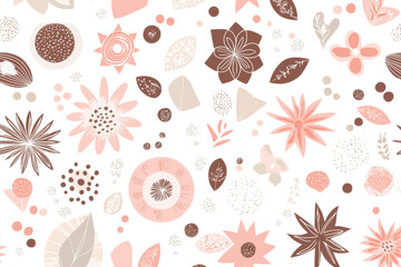 Seamless floral pattern with various abstract flowers and leaves in soft pink and brown tones, perfect for textile and wallpaper design.