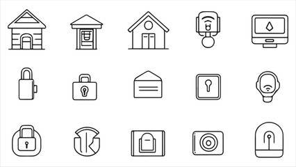 Set of line icons in linear style. Series - Home security and protection. Alarm system, locking, smart home, lock and key.Outline icon collection. Conceptual pictogram and infographic.
