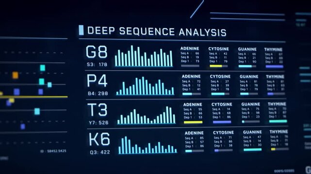 DNA code analysis visualization data, genome sequence ui screen, futuristic genetic engineering lab infographic interface, 3D biotechnology scan report dashboard, medical science technology backgound