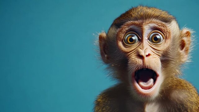 A young monkey displays an expressive shocked look, with large eyes and a curious expression, set against a vibrant blue backdrop
