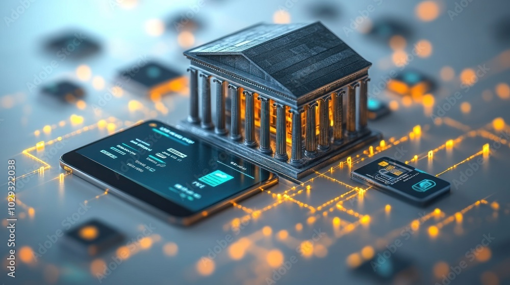 Poster a digital representation of a bank with a tablet and circuit patterns, symbolizing finance technolog