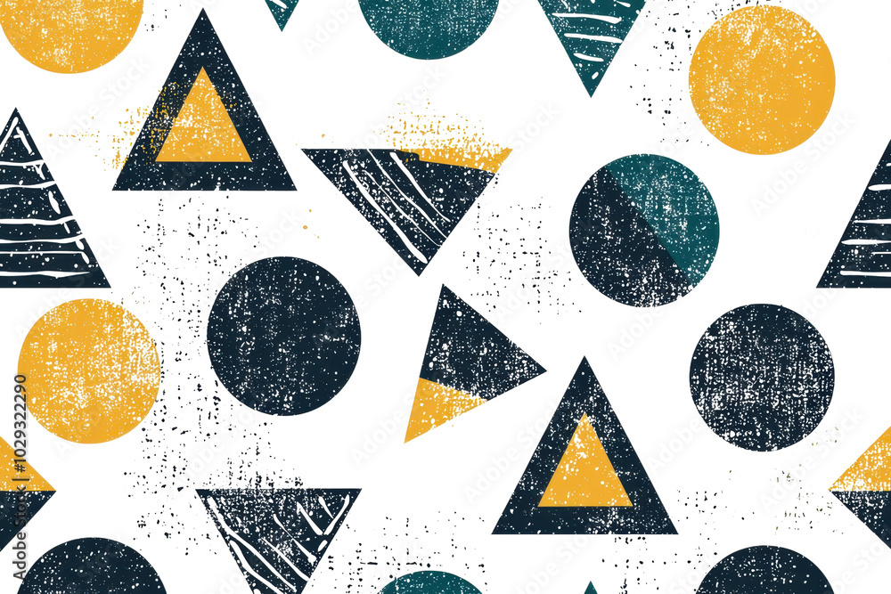 Poster seamless pattern with grunge geometric shapes in blue and yellow. abstract triangles and circles cre
