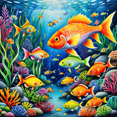 Naklejka premium Colored pencil drawing of an underwater world with fish and algae.