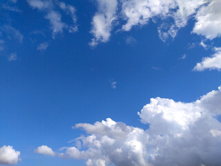 A clear blue sky with fluffy white clouds drifting lazily during a sunny afternoon in a serene outdoor setting