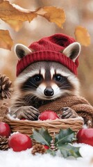 A charming raccoon stands in the snow, wearing a cozy scarf and clutching holly berries, surrounded by wintery trees and cozy decorated houses, embodying the spirit of Christmas