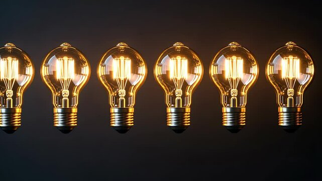 Six incandescent light bulbs are lit, illuminating a dark background