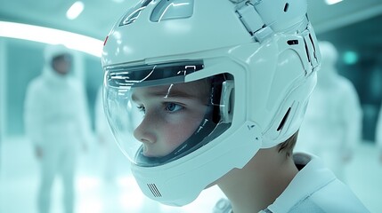 Young person in a futuristic helmet, focused in a high-tech environment.