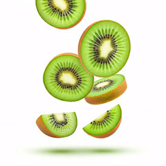 Fototapeta premium fresh green kiwi fruit slices falling against white background
