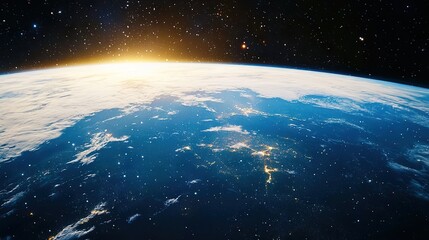   A stunning view of Earth from space, illuminated by the sun's rays on the horizon, and dotted with stars above