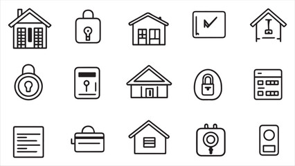 Set of line icons in linear style. Series - Home security and protection. Alarm system, locking, smart home, lock and key.Outline icon collection. Conceptual pictogram and infographic.
