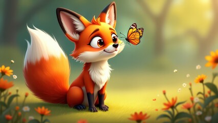 Red fox sit and looks at a butterfly