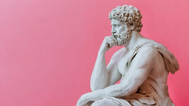 A detailed marble sculpture captures a thoughtful figure seated in contemplation, framed by a bright pink backdrop with copy space