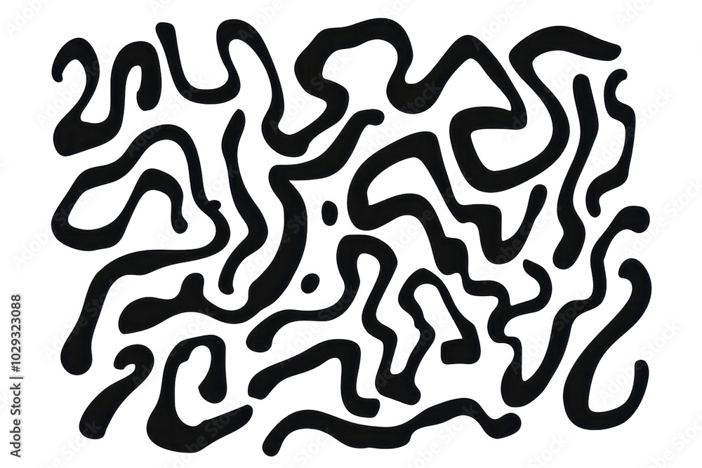 Poster abstract black and white pattern resembling intricate maze lines on a transparent background, perfec