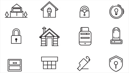 Set of line icons in linear style. Series - Home security and protection. Alarm system, locking, smart home, lock and key.Outline icon collection. Conceptual pictogram and infographic.
