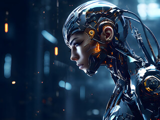 Futuristic Cyborg with Organic and Artificial Elements in Sci-Fi Setting