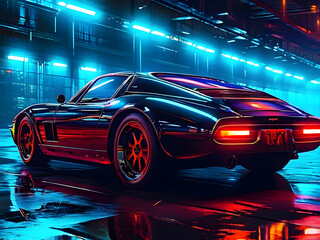 Classic Sports Car with Glossy Finish Illuminated by Neon Lights in City