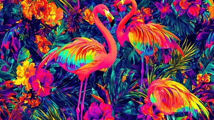   Flamingos lined up on a green field of flowers and plants