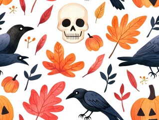 Autumn theme pattern with skull, pumpkins, and leaves., Tile , Seamless Pattern