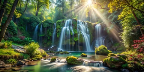 Obraz premium Enchanting Fantasy Waterfall Sparkling in Lush Forest Setting