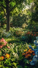 Lush green garden with a variety of blooming flowers, 4K hyperrealistic photo