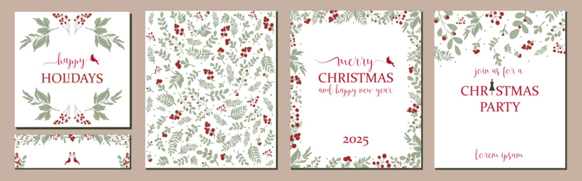 Holidays cards with Christmas Tree, birds, Christmas ornament, floral background, ornate frames and copy space. Universal modern artistic templates.
