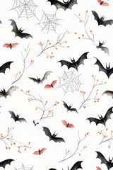 Bats and branches pattern on white isolate background., Tile , Seamless Pattern