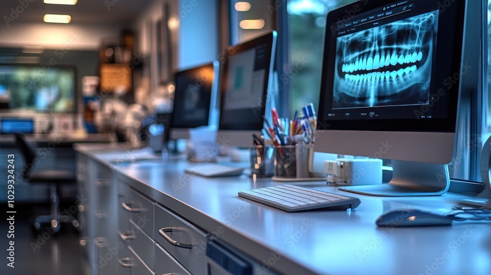 Poster a modern dental office with computers displaying an x-ray and organized workspaces.
