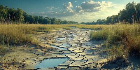 Severely dry wetland swamp and pond leading to cracked soil crust due to drought depicting the impacts of climate change and environmental disaster on the earth s surface posing a threat to