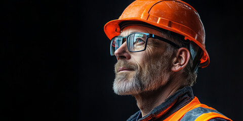 Fototapeta premium Construction worker wearing safety glasses and hard hat looking right