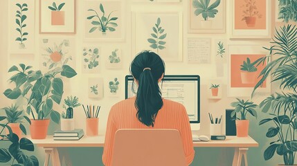 A serene workspace adorned with plants and artwork, offering a calming environment for productivity and creativity.