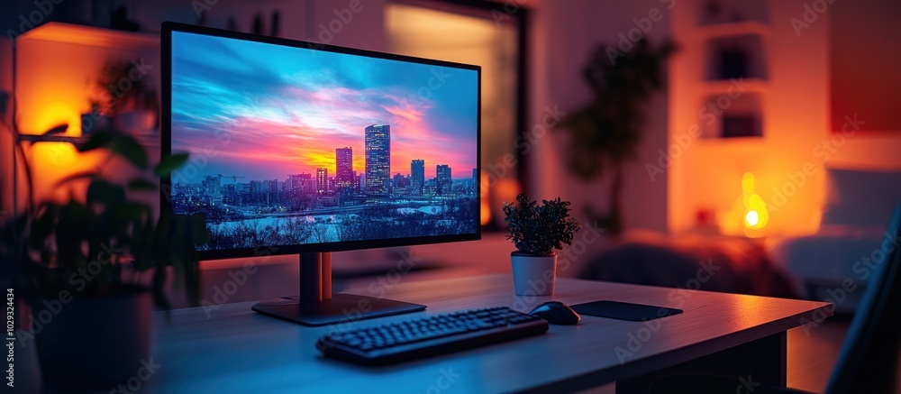 Poster a modern workspace featuring a computer monitor displaying a cityscape at sunset.
