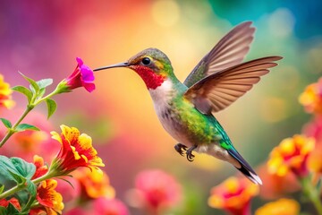 Fototapeta premium Enchanting Hummingbird Sipping Nectar from a Vibrant Flower Surrounded by Floating Hearts