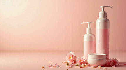 Skincare products in soft pink bottles and a jar are displayed artfully alongside fresh rose petals on a pastel background, evoking a relaxing spa feel