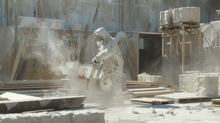 A Hazmat Worker Cutting Stone in a Dusty Construction Zone