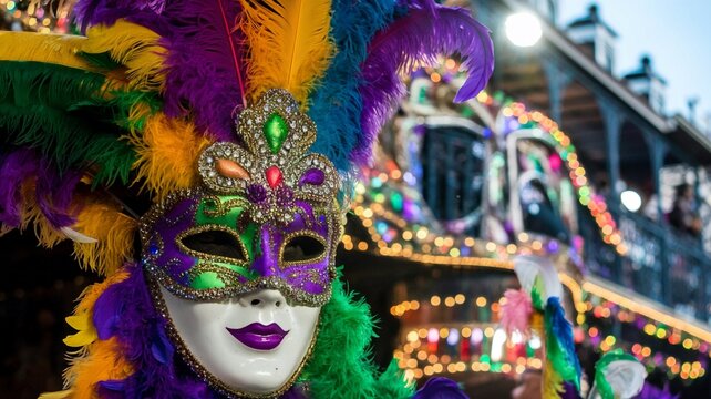Colorful Mardi Gras Mask with Festive Parade Floats