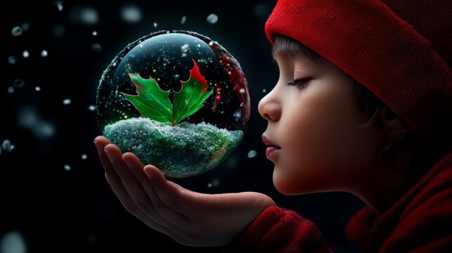 Child's Christmas Wish: A young child, wearing a red hat, gently holds a snow globe containing a holly sprig, their eyes closed in peaceful contemplation. - Powered by Adobe