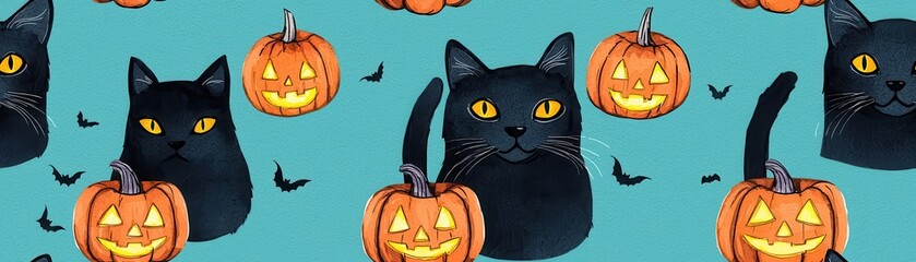 Black cats and pumpkins on a teal background, festive Halloween theme, Tile , Seamless Pattern