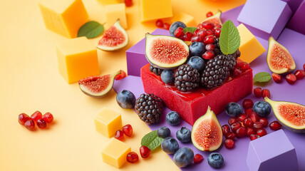 Fresh fruits and colorful blocks create vibrant, playful scene