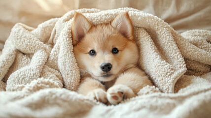 A cozy puppy wrapped in soft blanket exudes warmth and comfort