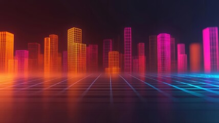 Holographic cityscape projection with shimmering futuristic buildings and glowing grid lines