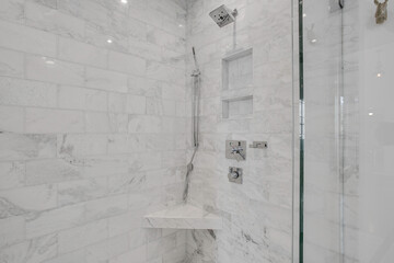 Modern Shower With Sleek Tile And Premium Fixtures.