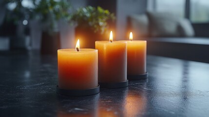Group of Burning Candles on Black Table for Text Overlay and Relaxing Ambiance