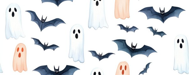 Colorful ghosts and bats pattern, white isolated background, Tile , Seamless Pattern