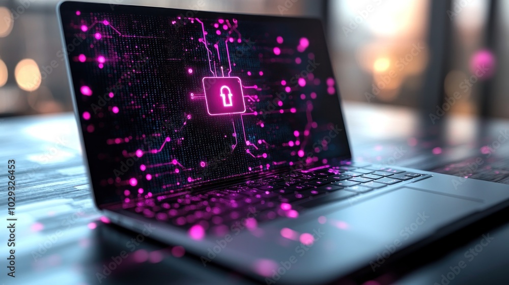 Poster a laptop displaying a digital lock symbol amidst a network of pink circuit patterns.