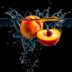 A ripe peach with splashes of water around it on a reflective surface on a dark background