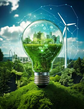 Energiewende durch nachhaltige erneuerbare Energiegewinnung. Eine Gl&uuml;hbirne welche im Erdreich steckt und in welcher Pflanzen wachsen.