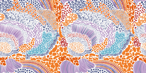 Fun colorful line doodle seamless pattern. Creative abstract art background.